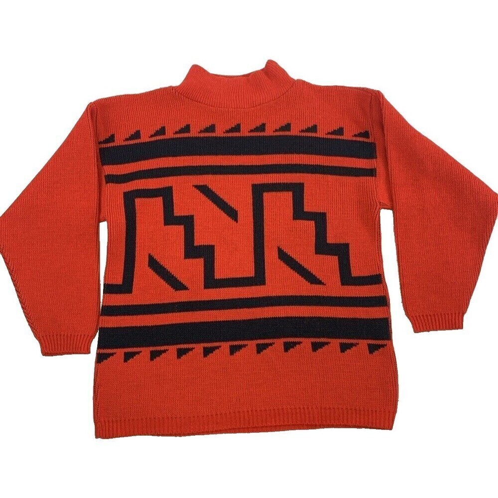 British Vogue Sweater Wool Blend‎ Red Mock Neck Pullover Geometric Womens Large